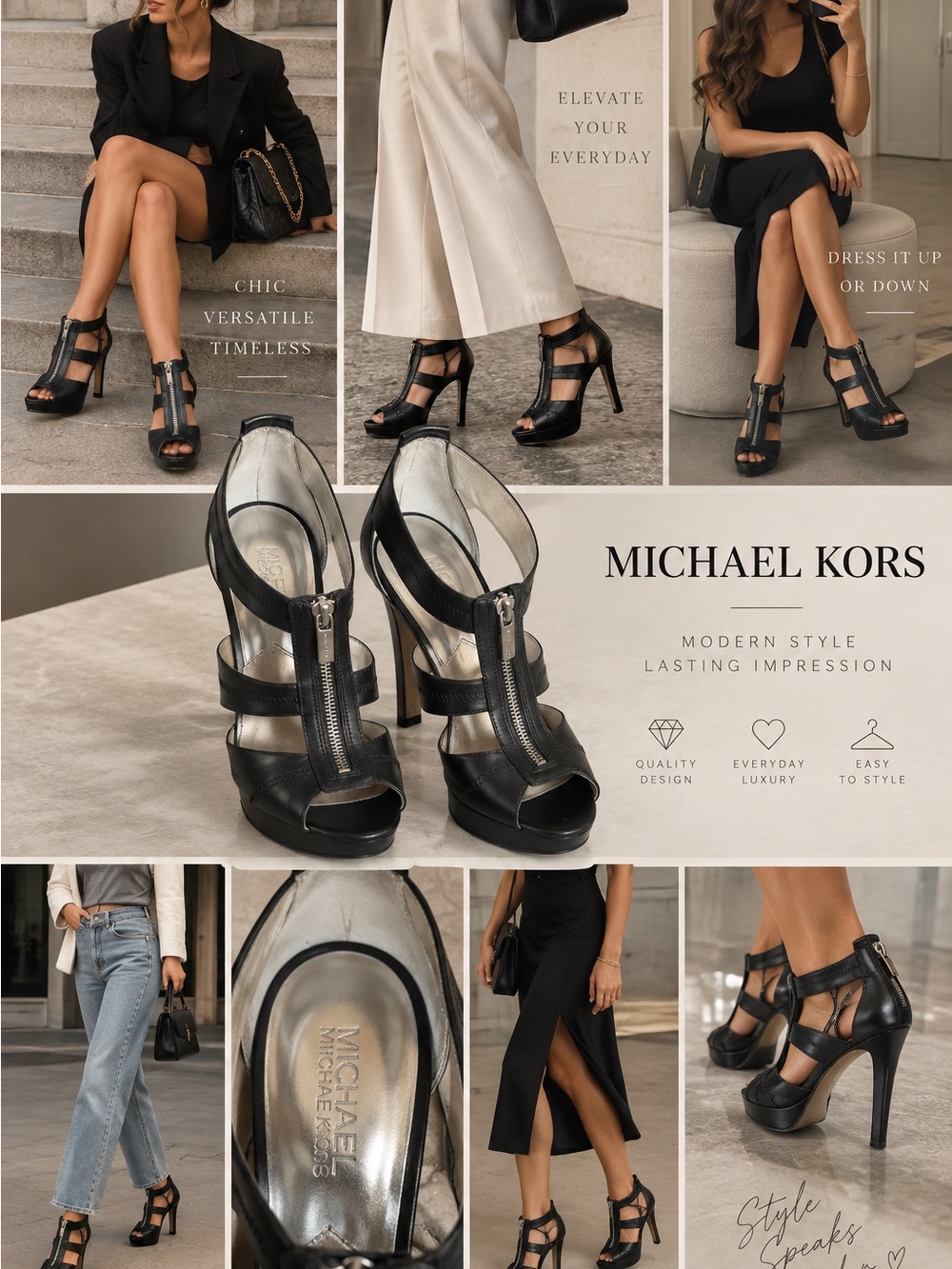 Michael Kors Black Strappy Leather High-Heel Sandals with Front Zip